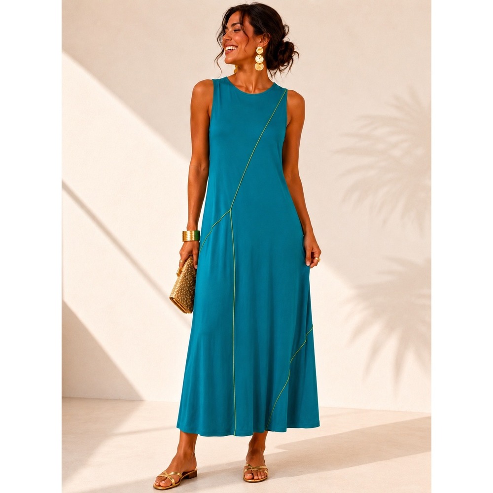 Soft Surroundings Teal Blue Sleeveless Maxi Dress Lime Green Exposed Seams Small